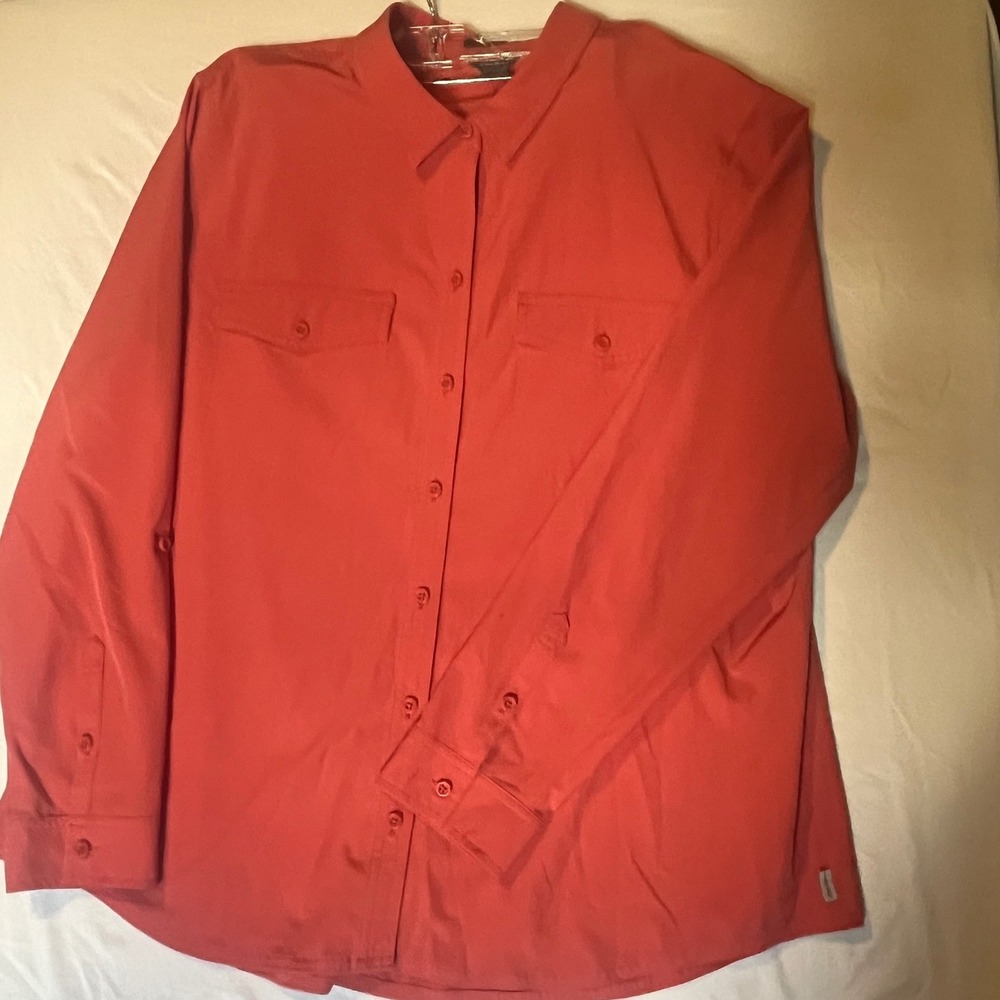 Eddie Bauer Women XL Departure Shirt Coral Red Long Sleeve Button Up Classic Fit